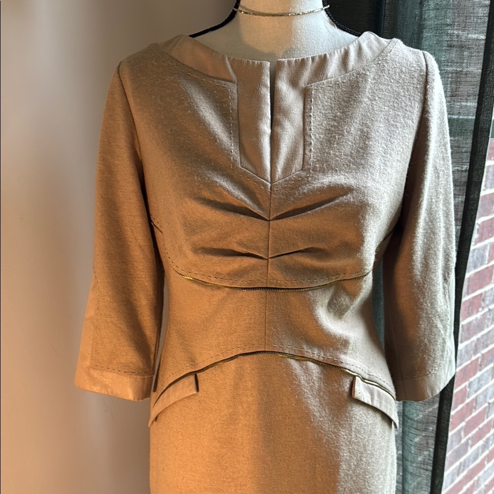 Tan Midi Sheath Dress with 3/4 Sleeves